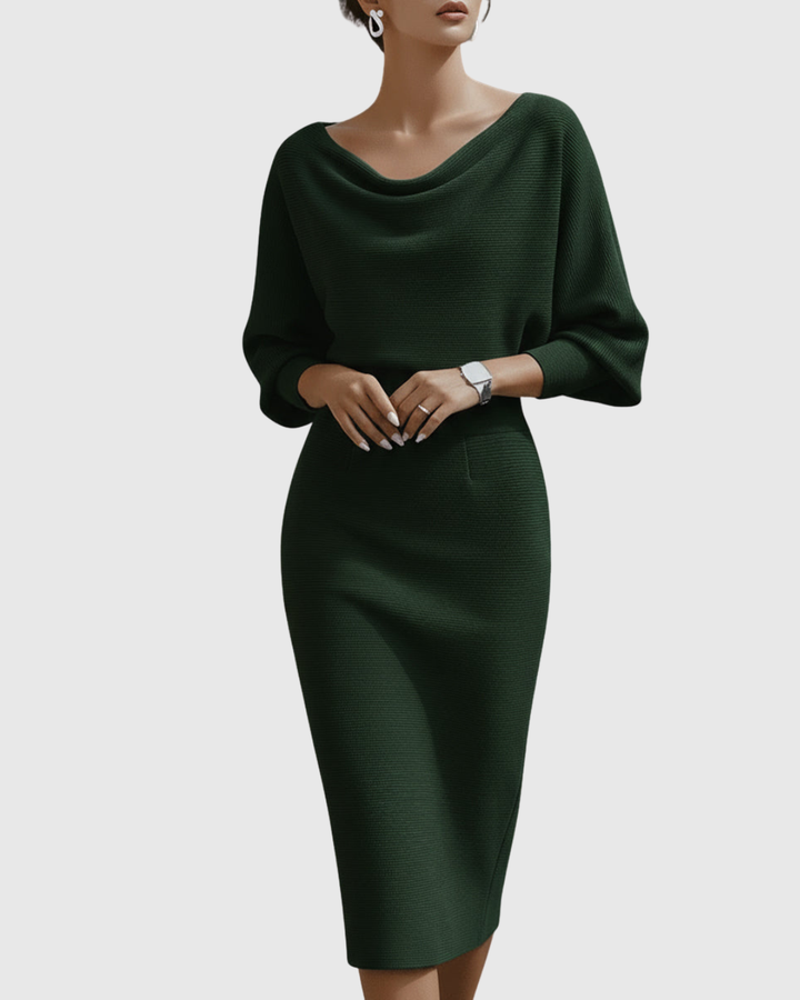 Genevieve – Draped Cowl-Neck Bodycon Midi Dress