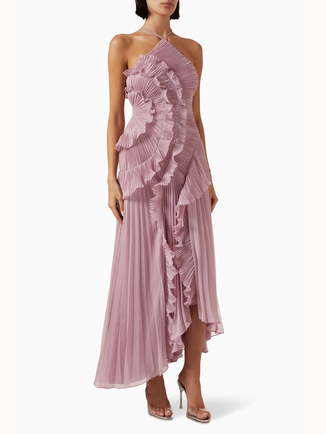 Vivienne – Pleated Halter Maxi Dress with Cascade Ruffle
