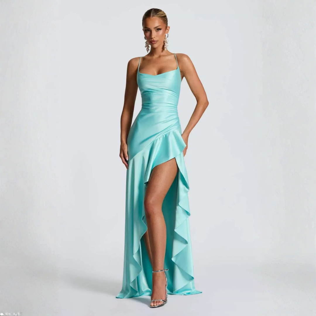 June – Cowl Neck Maxi Dress with High Slit and Ruffle Hem