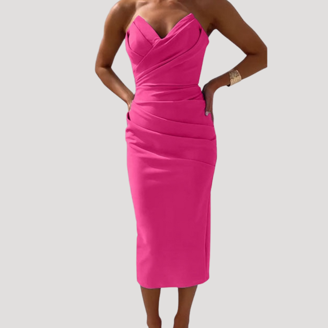Kendall – Strapless Ruched Bodycon Midi Dress