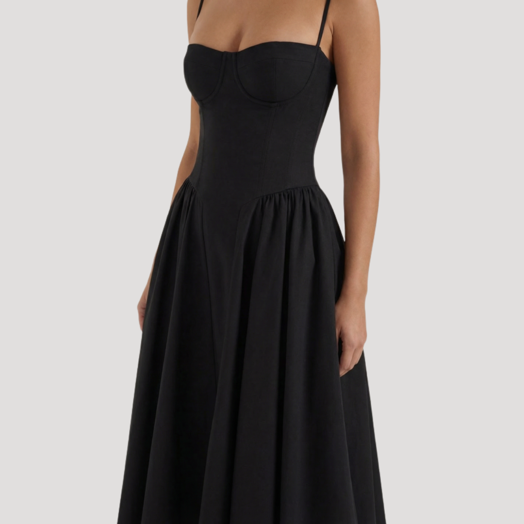 Kendra – Bustier Midi Dress with Gathered A-Line Skirt