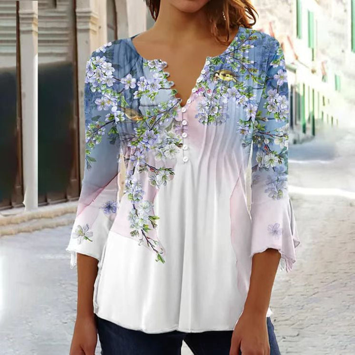 Angelica – Floral Print Pintuck Blouse with Button Placket