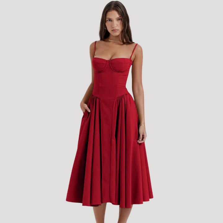 Joy – Corset Bodice Midi Dress with Pleated A-Line Skirt