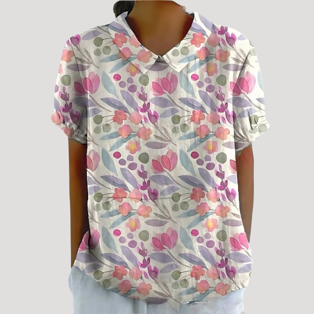 Lana – Floral Print Collared Short Sleeve Blouse