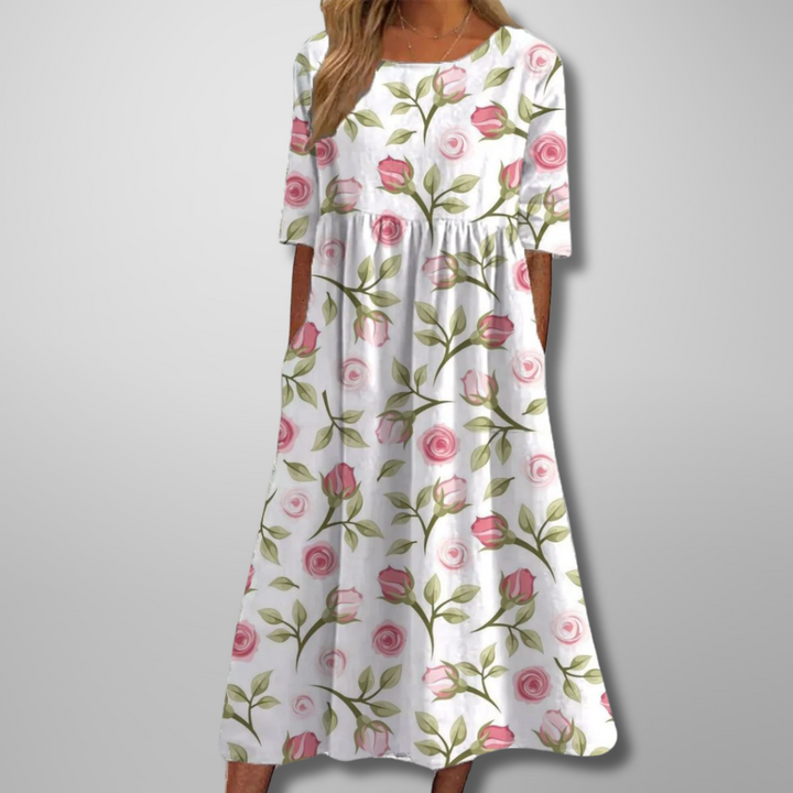 Carolyn – Elegant Floral Midi Dress with a Relaxed A-Line Silhouette