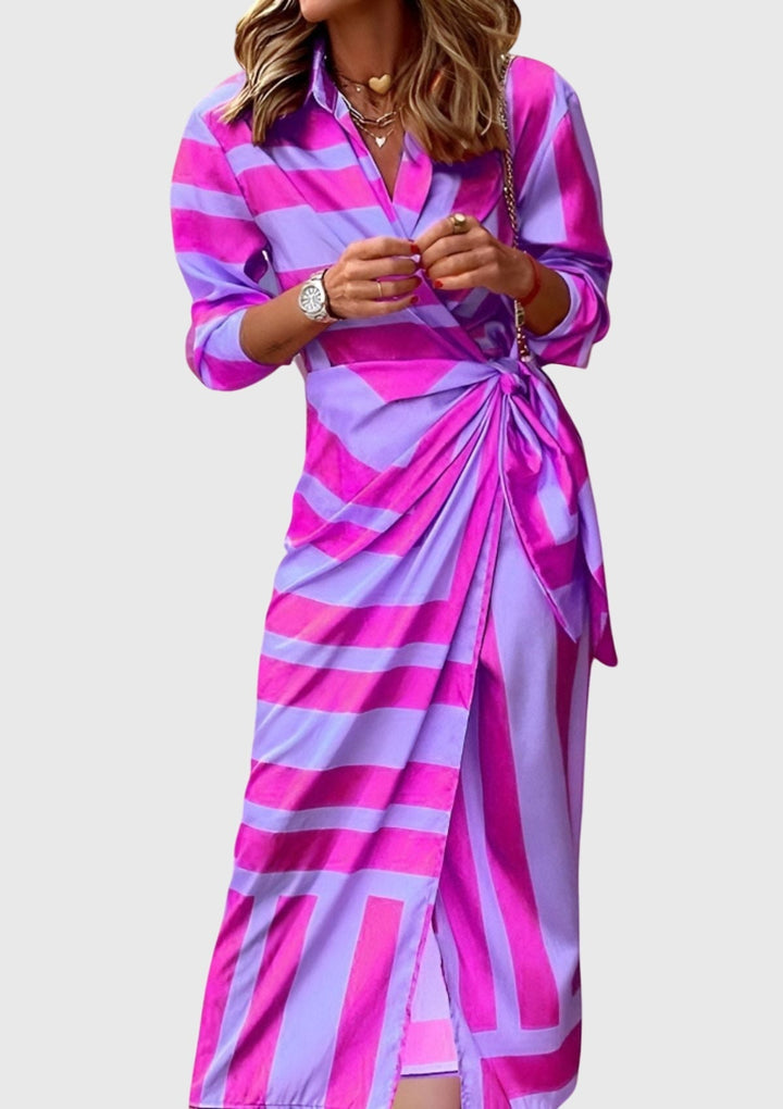 Marlene – Long-Sleeve Collared Wrap Midi Dress