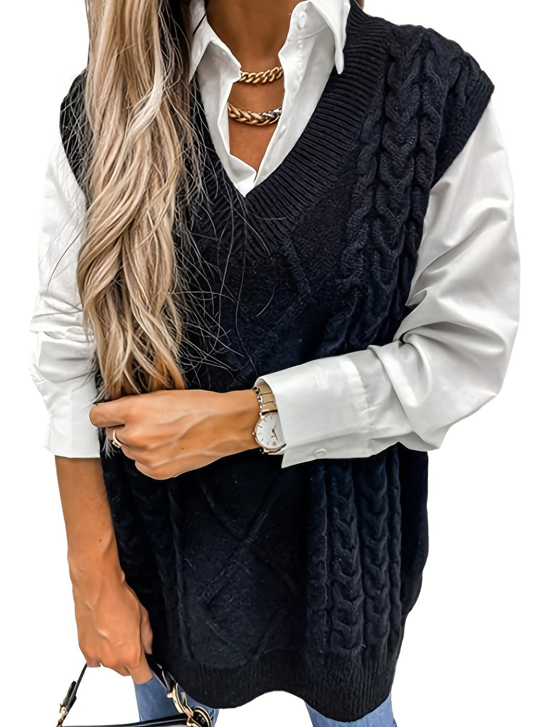 Gwendolen – Cable-Stitch V-Neck Sweater Vest for Women