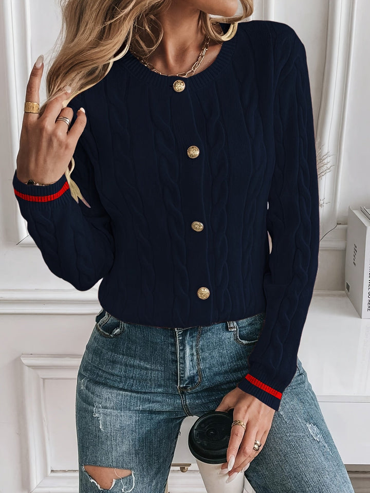 Annabeth – Cable-Stitch Button-Front Cardigan with Contrast Trim for Women