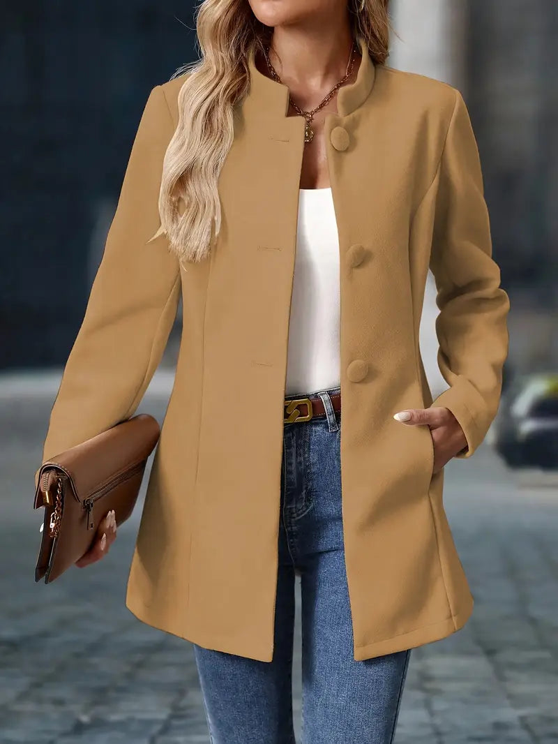 Liv – Stand-Collar Longline Blazer with Covered Buttons