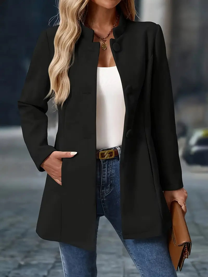 Liv – Stand-Collar Longline Blazer with Covered Buttons