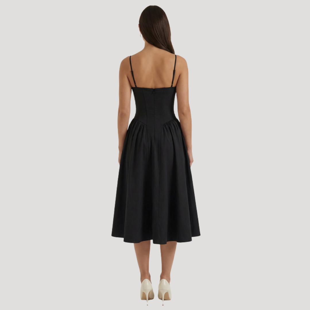 Kendra – Bustier Midi Dress with Gathered A-Line Skirt