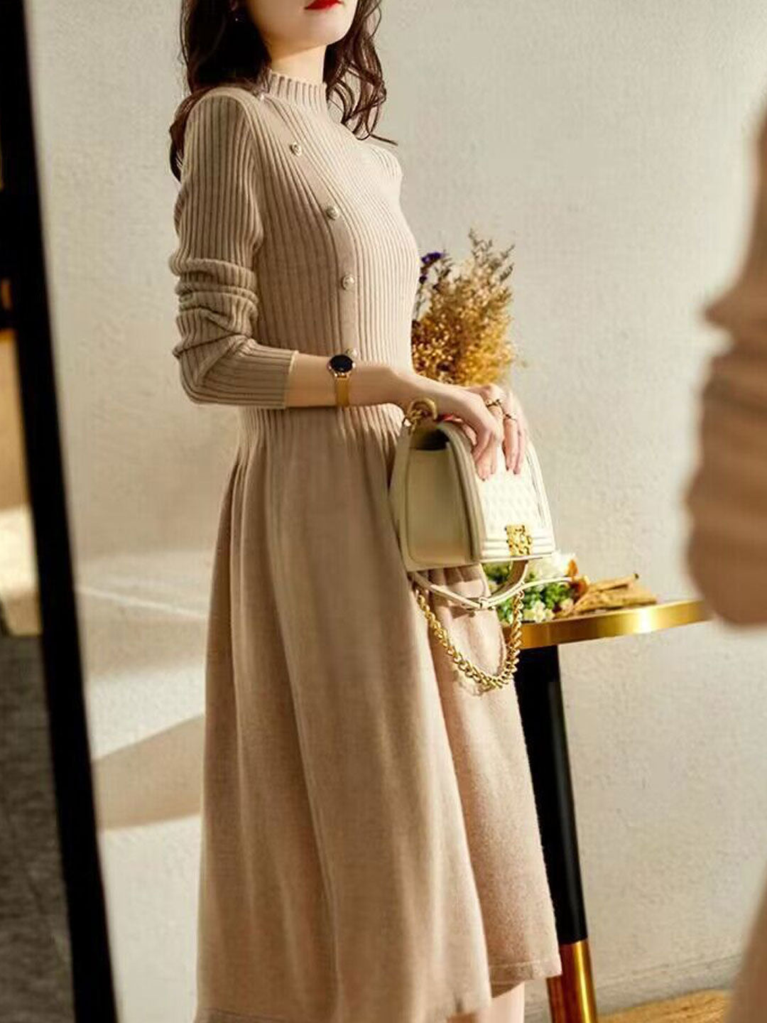 Poppy – Mock Neck Ribbed Midi Sweater Dress for Women