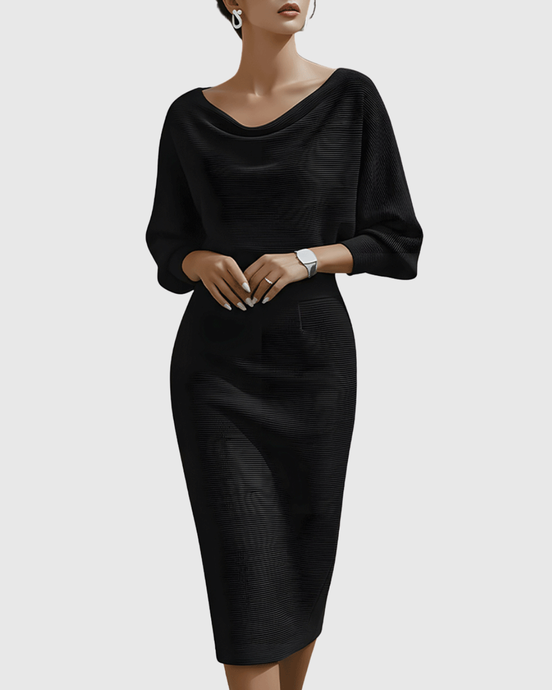 Genevieve – Draped Cowl-Neck Bodycon Midi Dress