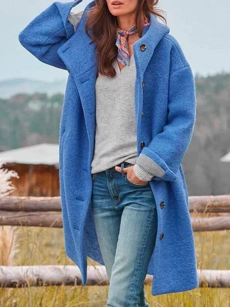 Lina – Longline Hooded Bouclé Coat with Button Front