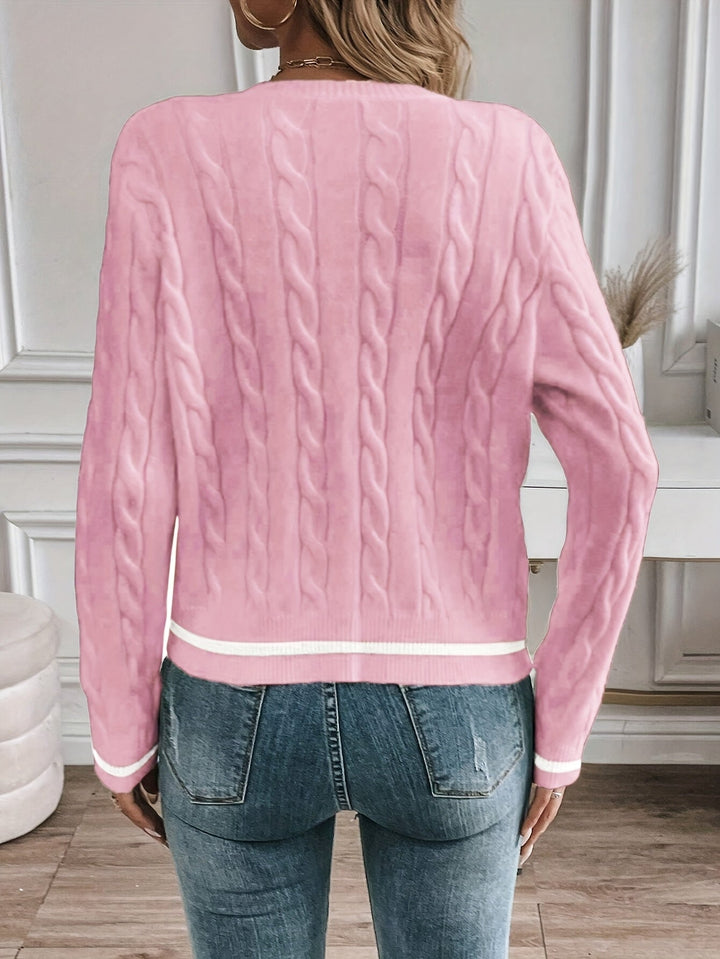 Annabeth – Cable-Stitch Button-Front Cardigan with Contrast Trim for Women