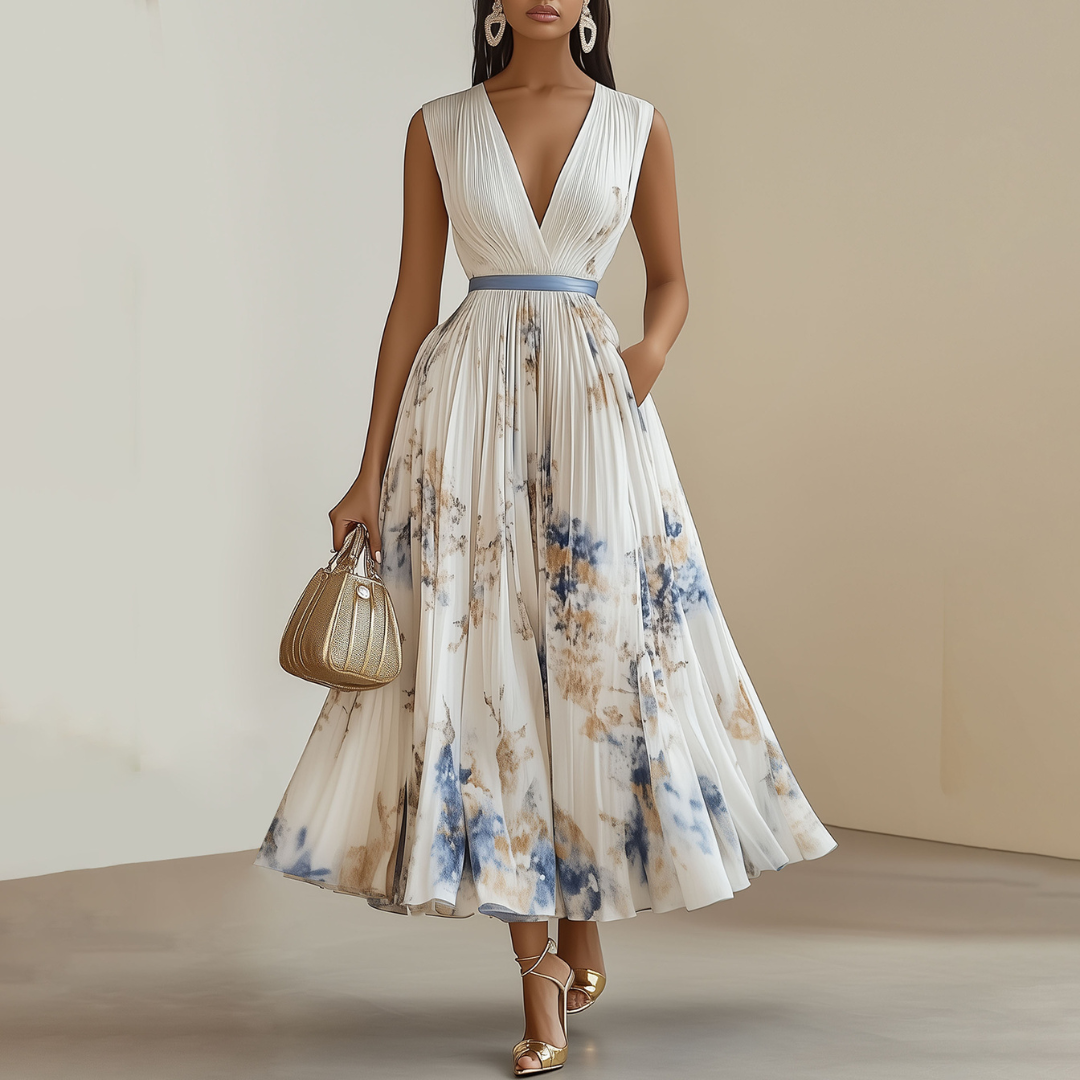Aubrey – Pleated V-Neck Floral Midi Dress