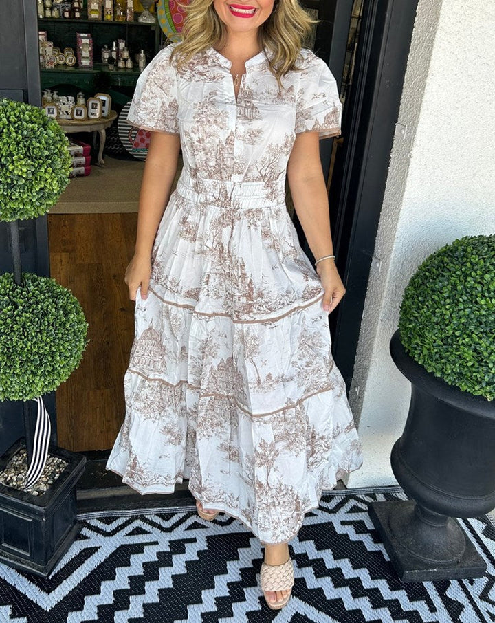 Constance | Tiered Toile Print Maxi Dress with Smocked Waist