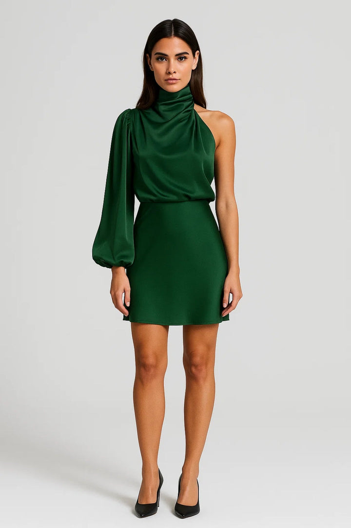 Fay – Satin-Look One Shoulder Long Sleeve Mini Dress