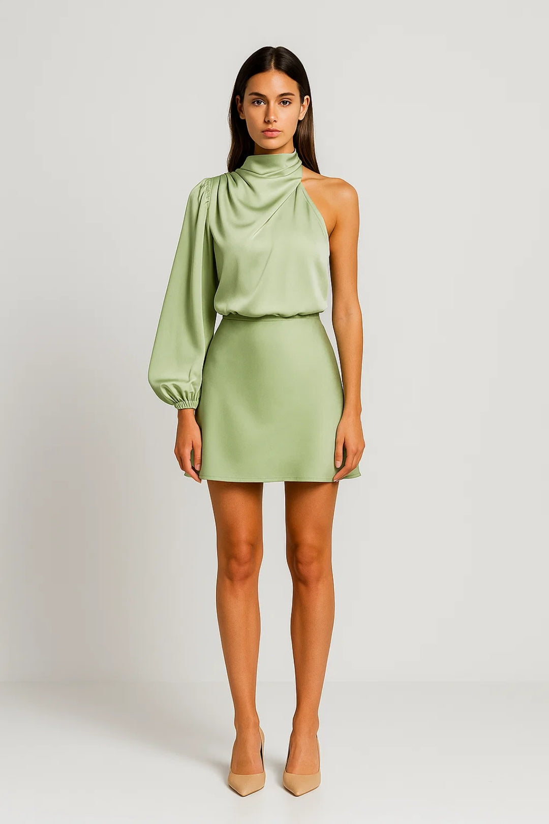 Fay – Satin-Look One Shoulder Long Sleeve Mini Dress