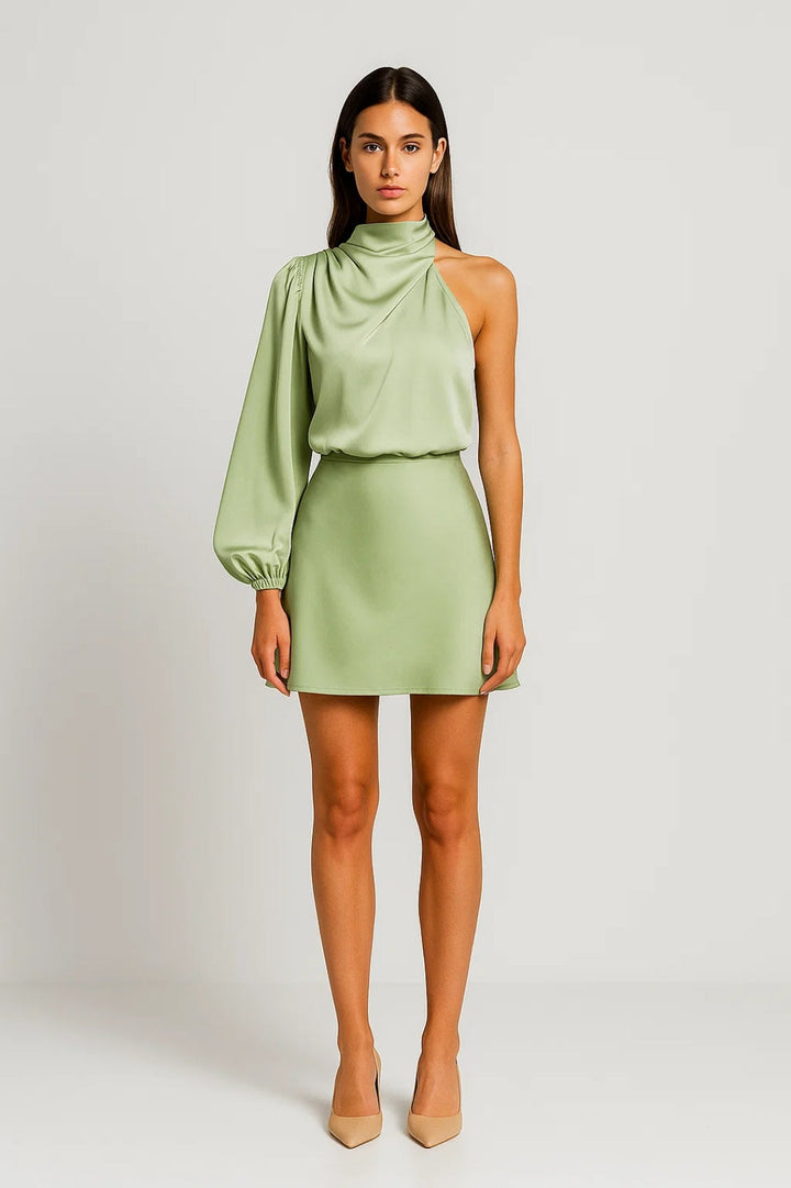 Fay – Satin-Look One Shoulder Long Sleeve Mini Dress