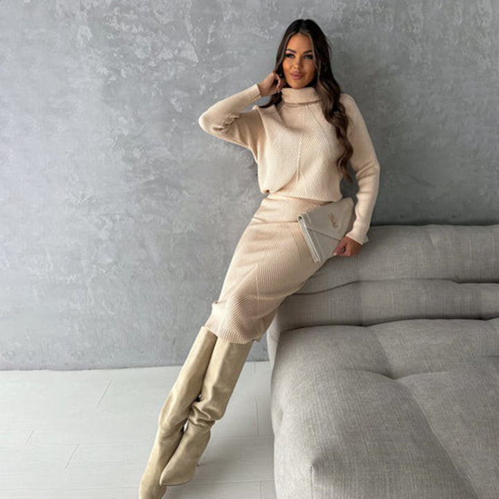 Kim – Chevron Rib Turtleneck Top and Midi Skirt Set