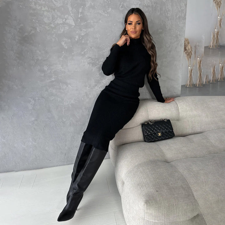 Kim – Chevron Rib Turtleneck Top and Midi Skirt Set
