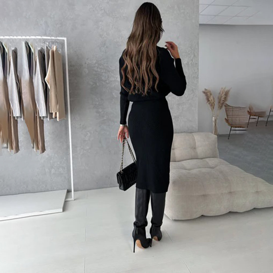Kim – Chevron Rib Turtleneck Top and Midi Skirt Set