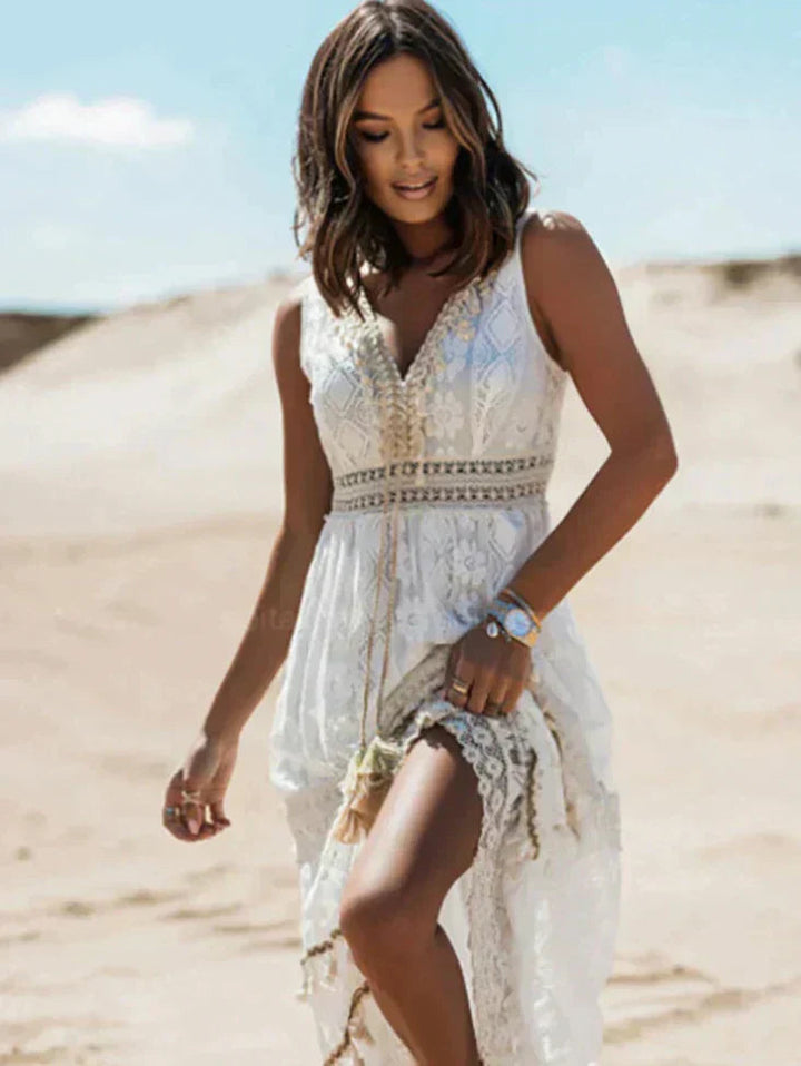 NOUVEAU RICHE Boho Spitzenkleid Mit V Ausschnitt Und Kordelzug Bequem Weiß