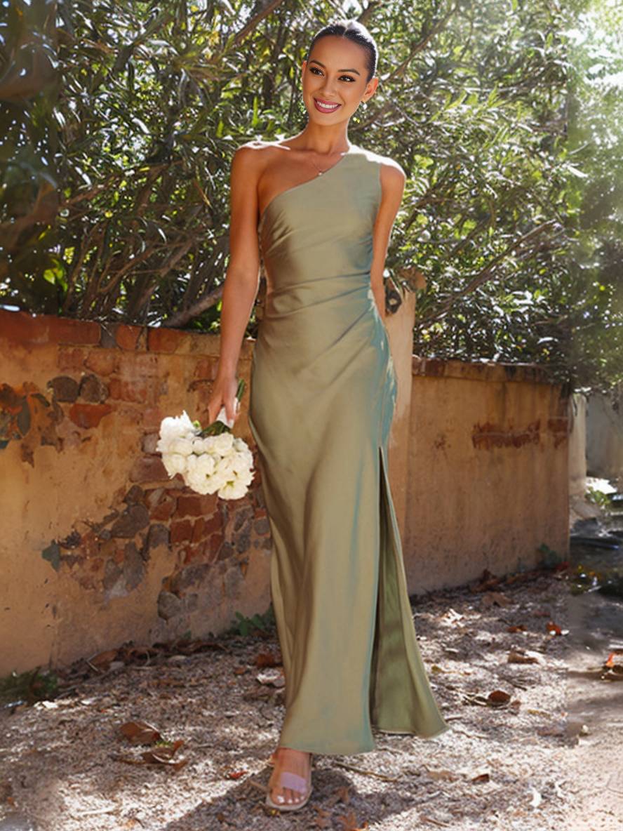 Ariel – One-Shoulder Ruched Maxi Dress with Side Slit, Wedding Guest