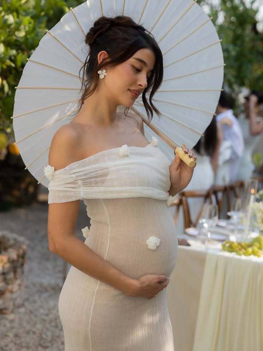 Arielle – Off-Shoulder Draped Maxi Gown, Floral Detail