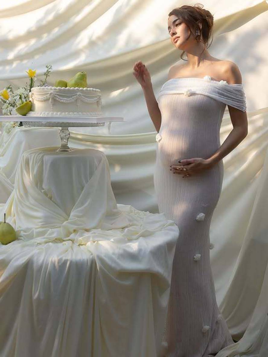 Arielle – Off-Shoulder Draped Maxi Gown, Floral Detail
