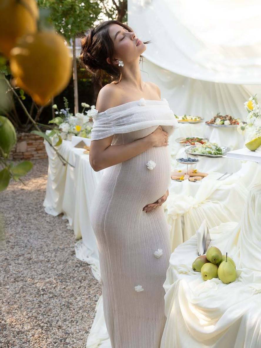 Arielle – Off-Shoulder Draped Maxi Gown, Floral Detail