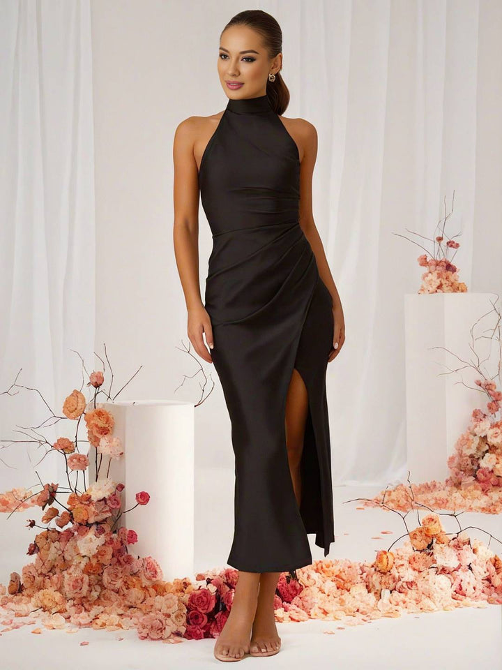 Aurelia – High-Neck Halter Slit Maxi Dress for Wedding Guests