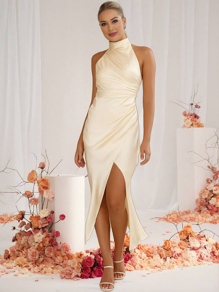 Aurelia – High-Neck Halter Slit Maxi Dress for Wedding Guests