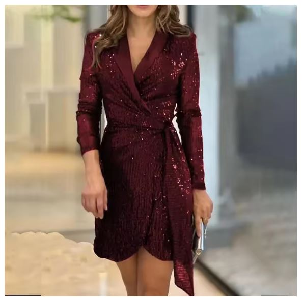 Patience – Sequin Blazer-Collar Wrap Midi Dress for Women