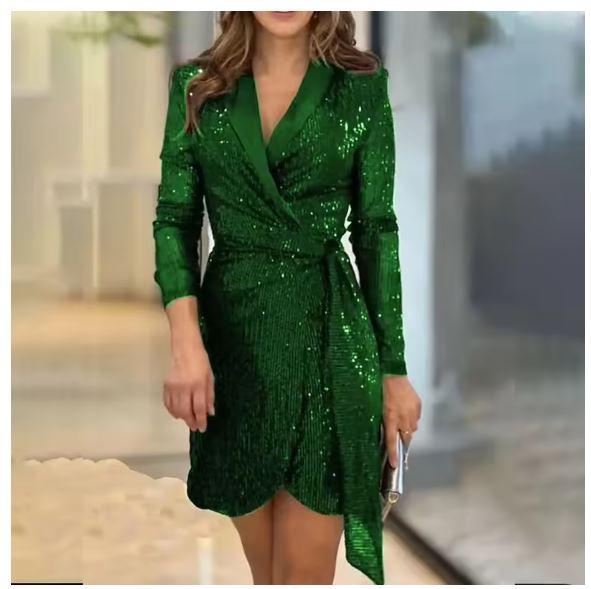 Patience – Sequin Blazer-Collar Wrap Midi Dress for Women