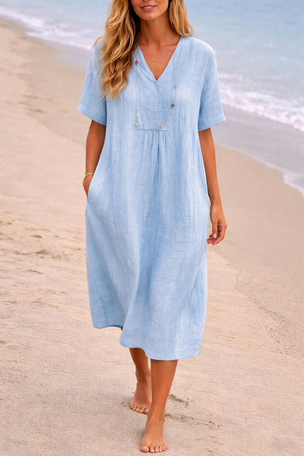 Tara – Linen-Look V-Neck Midi Dress with Short Sleeves