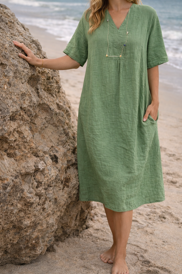 Tara – Linen-Look V-Neck Midi Dress with Short Sleeves