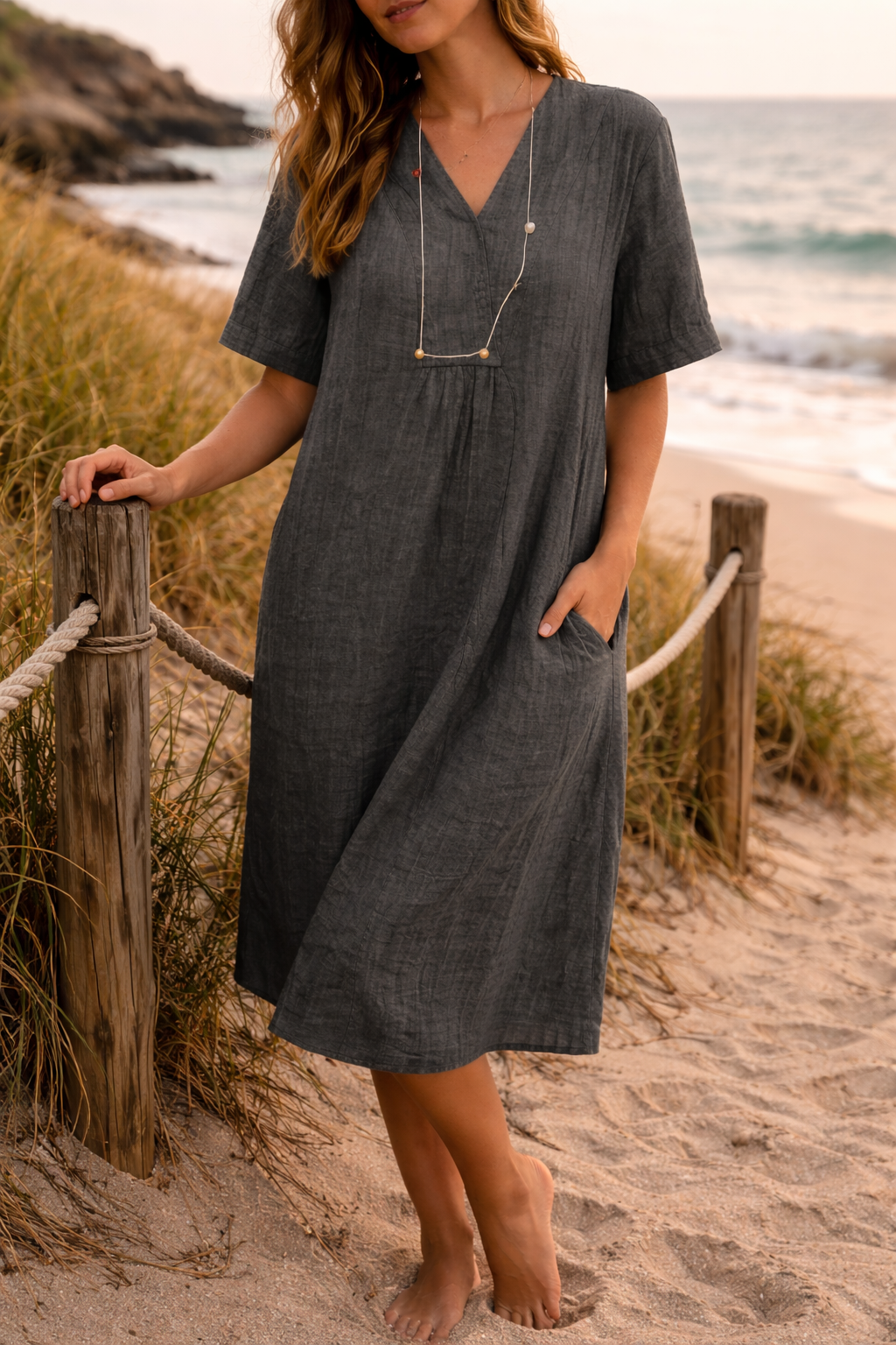 Tara – Linen-Look V-Neck Midi Dress with Short Sleeves