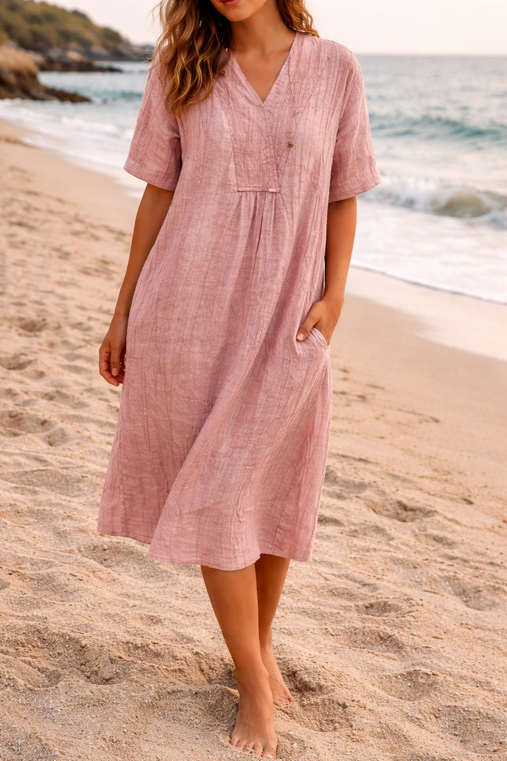 Tara – Linen-Look V-Neck Midi Dress with Short Sleeves