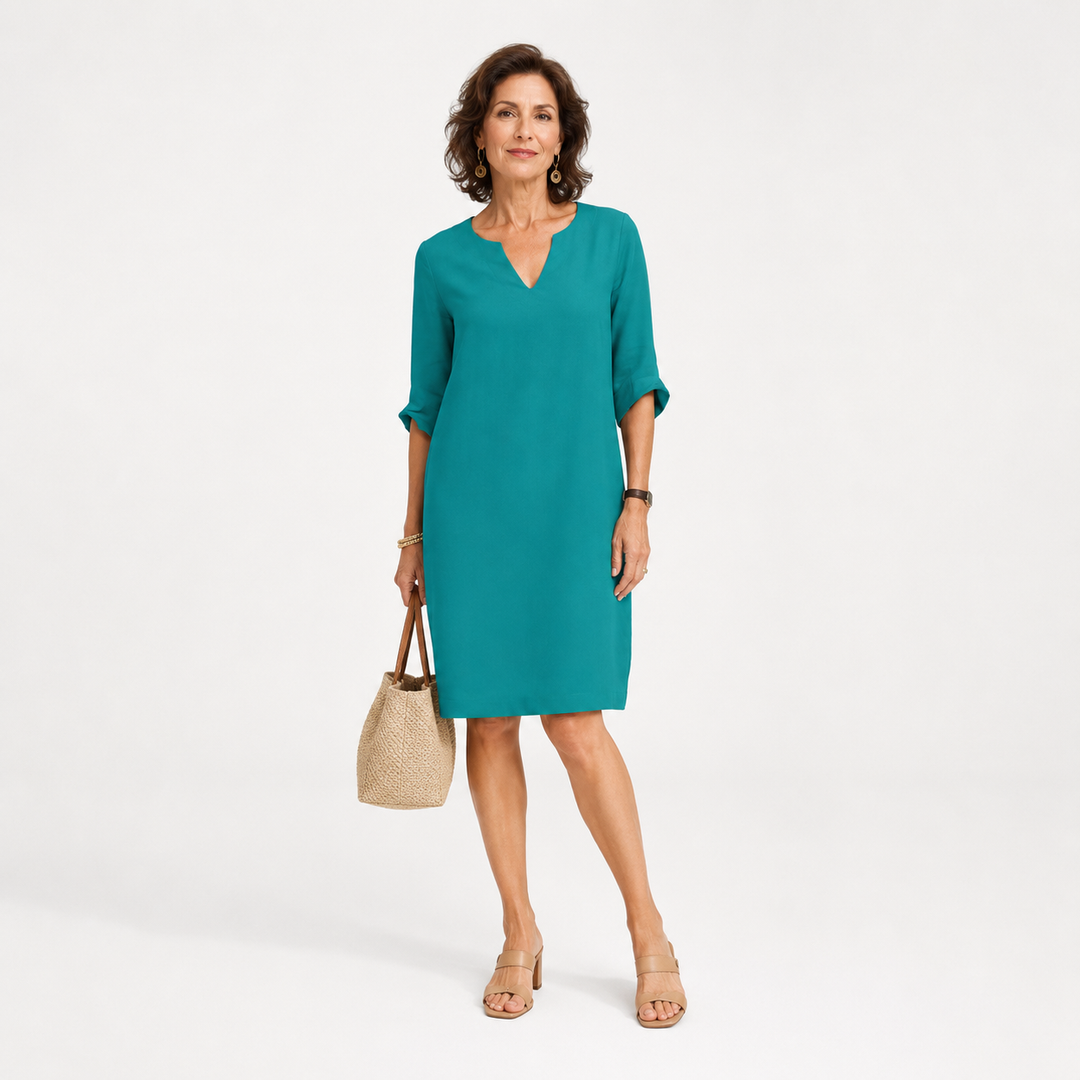 Susanna – Notch-Neck Shift Midi Dress with 3/4 Sleeves