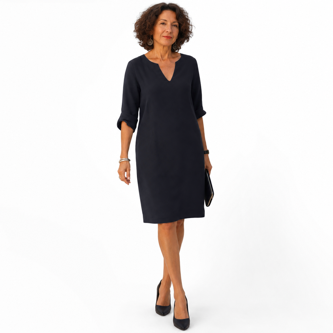 Susanna – Notch-Neck Shift Midi Dress with 3/4 Sleeves