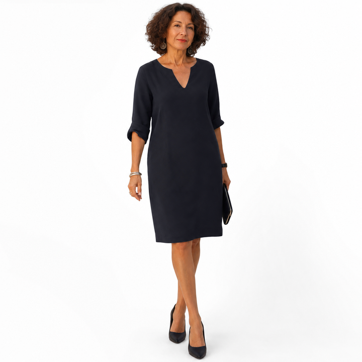 Susanna – Notch-Neck Shift Midi Dress with 3/4 Sleeves