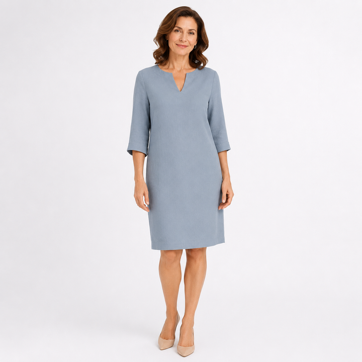 Susanna – Notch-Neck Shift Midi Dress with 3/4 Sleeves