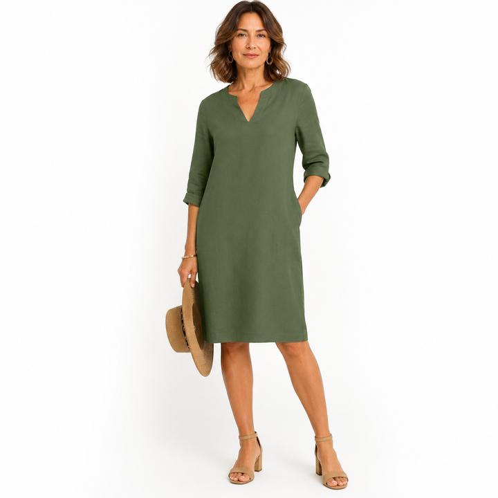 Susanna – Notch-Neck Shift Midi Dress with 3/4 Sleeves