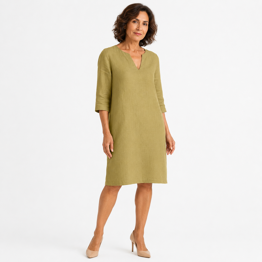 Susanna – Notch-Neck Shift Midi Dress with 3/4 Sleeves