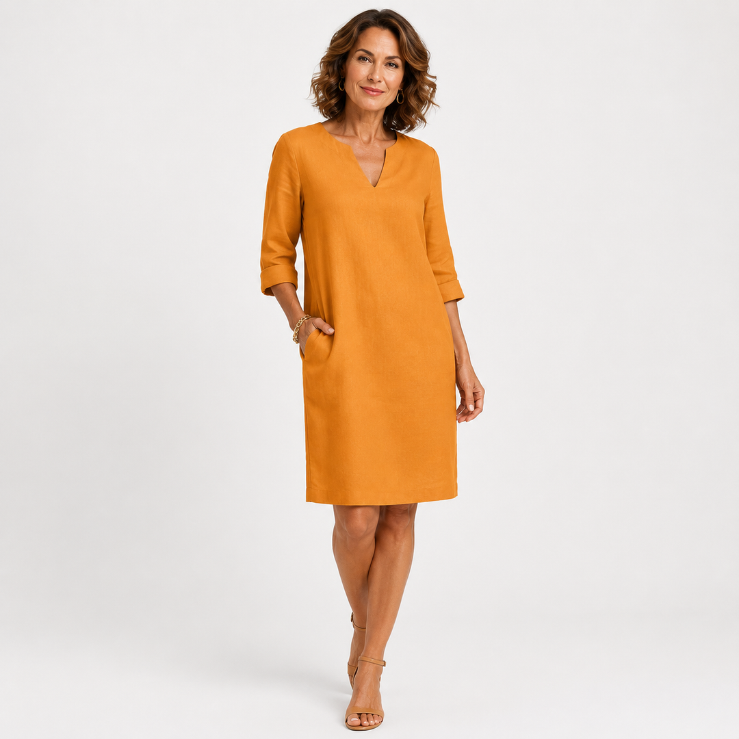 Susanna – Notch-Neck Shift Midi Dress with 3/4 Sleeves