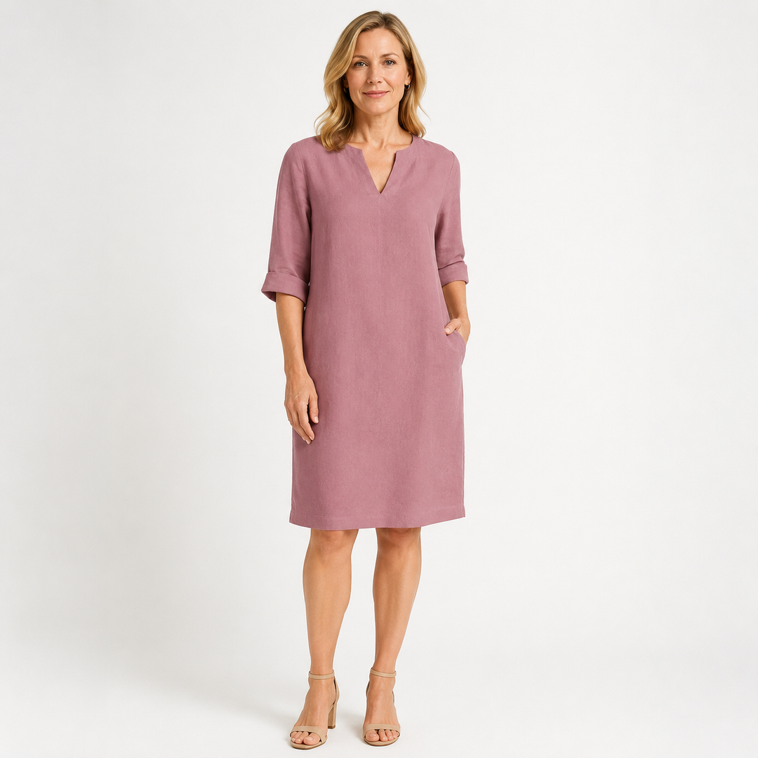 Susanna – Notch-Neck Shift Midi Dress with 3/4 Sleeves