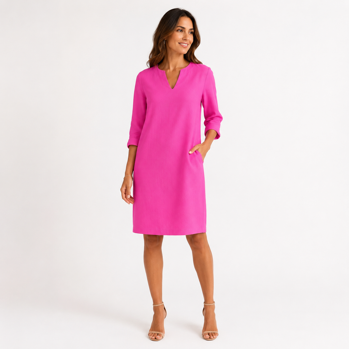 Susanna – Notch-Neck Shift Midi Dress with 3/4 Sleeves