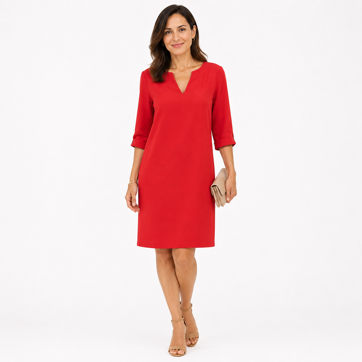 Susanna – Notch-Neck Shift Midi Dress with 3/4 Sleeves